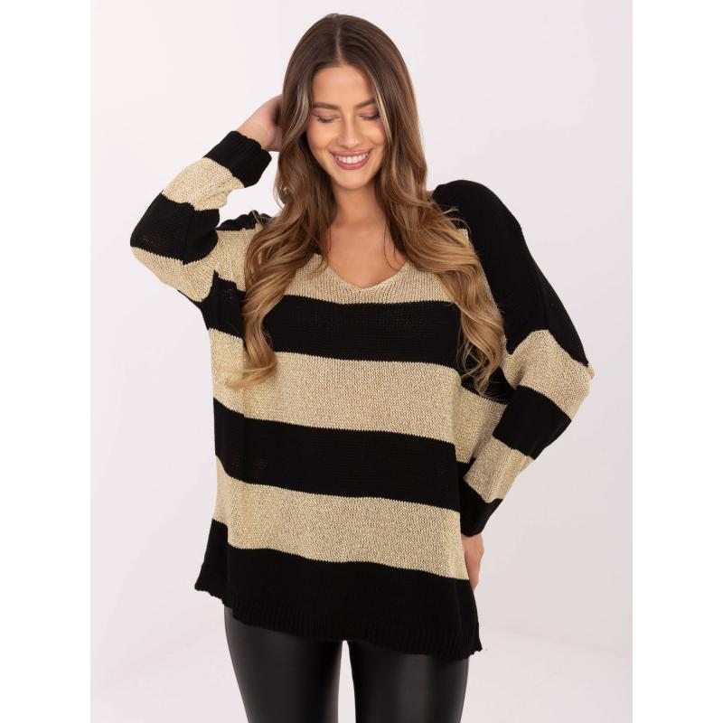 Černo-zlatý dámský oversize svetr s pruhy