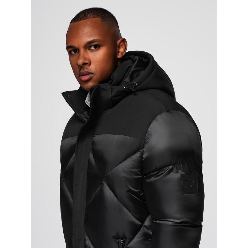 Pánska bunda s kapucňou a geometrickým prešívaním – čierna V1 OM-JAHP-0237