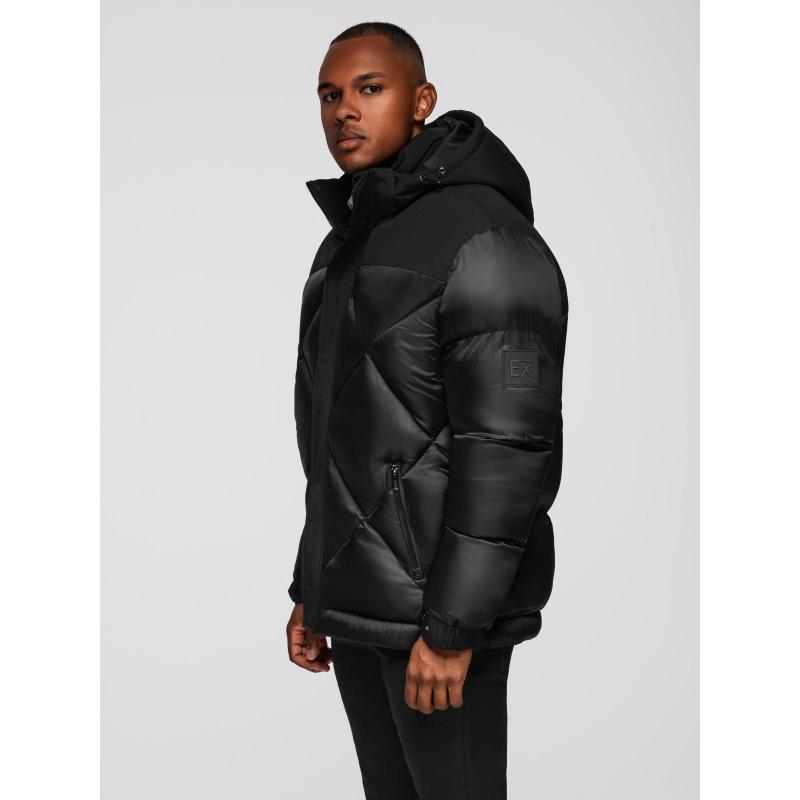 Pánska bunda s kapucňou a geometrickým prešívaním – čierna V1 OM-JAHP-0237