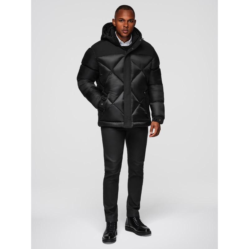 Pánska bunda s kapucňou a geometrickým prešívaním – čierna V1 OM-JAHP-0237