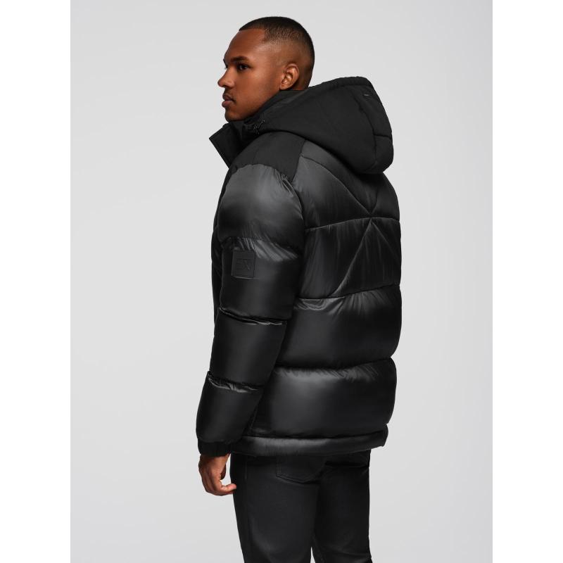 Pánska bunda s kapucňou a geometrickým prešívaním – čierna V1 OM-JAHP-0237