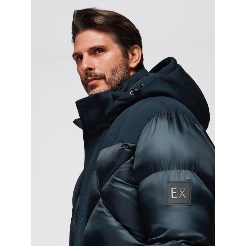 Férfi kabát kapucnival és geometrikus, gyémánt alakú steppéssel – sötétkék V2 OM-JAHP-0237