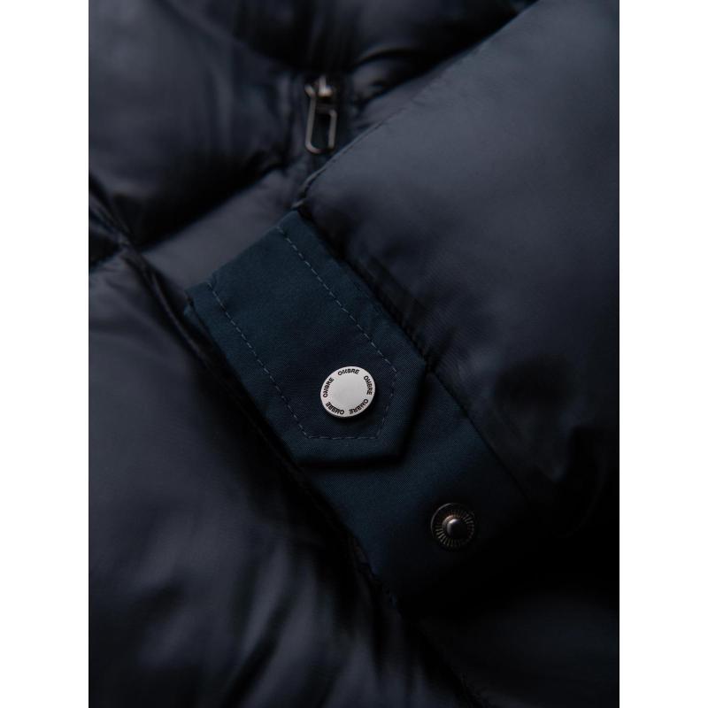 Férfi kabát kapucnival és geometrikus, gyémánt alakú steppéssel – sötétkék V2 OM-JAHP-0237