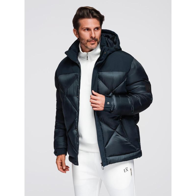 Férfi kabát kapucnival és geometrikus, gyémánt alakú steppéssel – sötétkék V2 OM-JAHP-0237