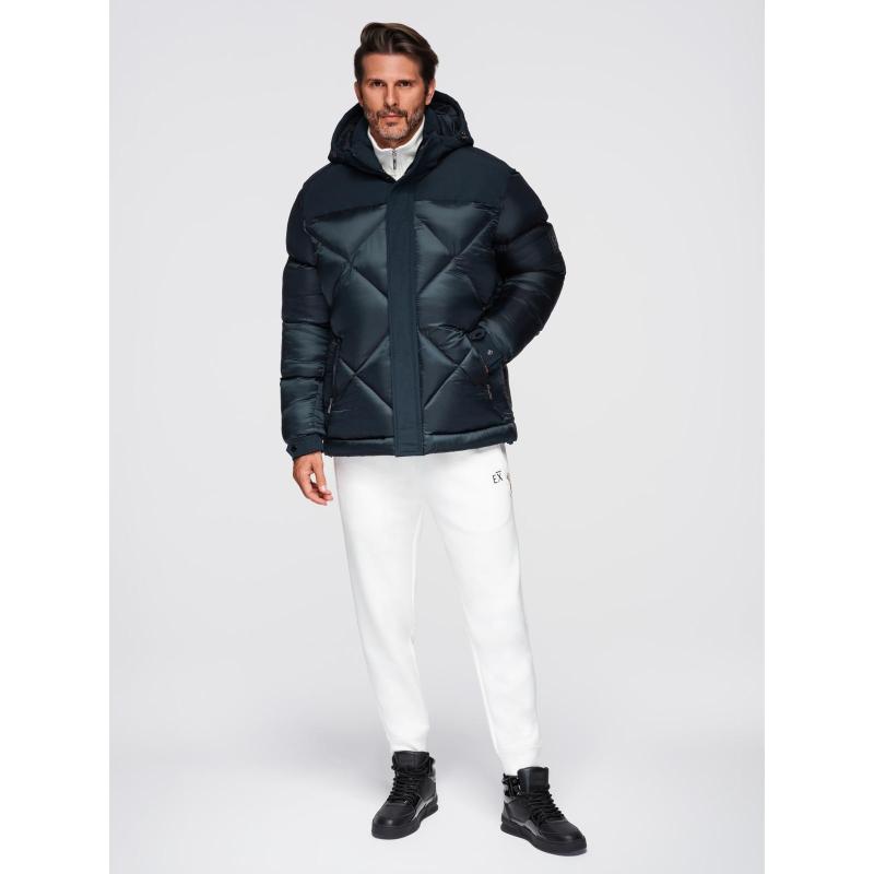 Férfi kabát kapucnival és geometrikus, gyémánt alakú steppéssel – sötétkék V2 OM-JAHP-0237