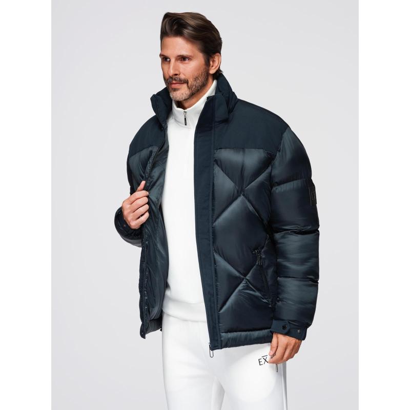 Férfi kabát kapucnival és geometrikus, gyémánt alakú steppéssel – sötétkék V2 OM-JAHP-0237