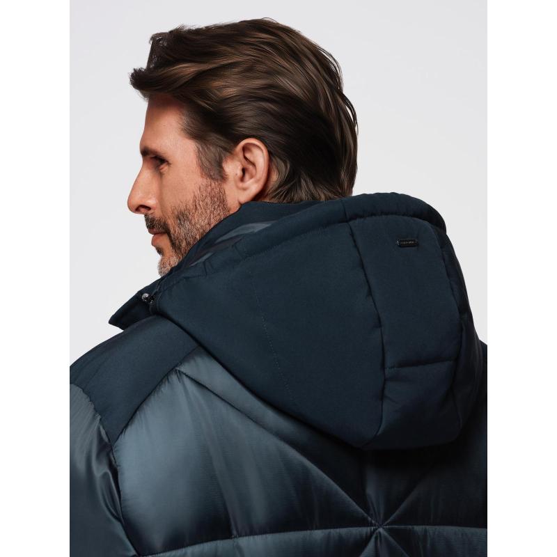 Férfi kabát kapucnival és geometrikus, gyémánt alakú steppéssel – sötétkék V2 OM-JAHP-0237