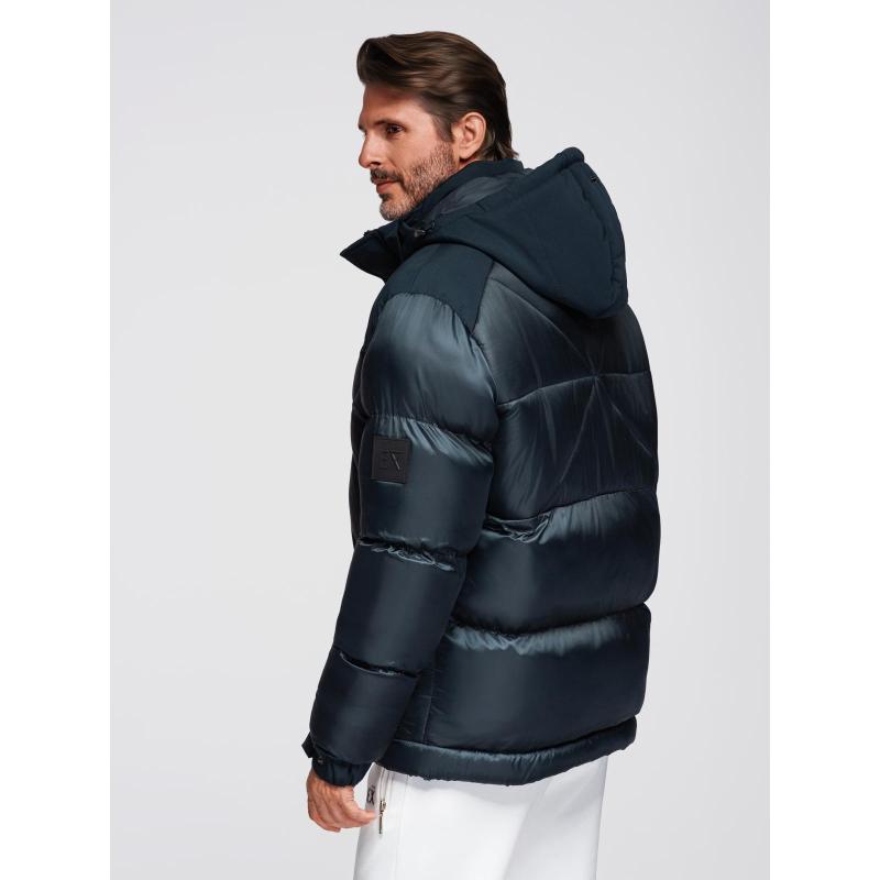 Férfi kabát kapucnival és geometrikus, gyémánt alakú steppéssel – sötétkék V2 OM-JAHP-0237