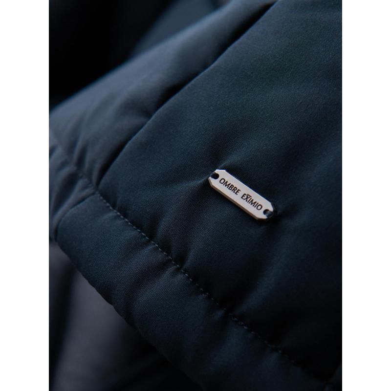 Férfi kabát kapucnival és geometrikus, gyémánt alakú steppéssel – sötétkék V2 OM-JAHP-0237