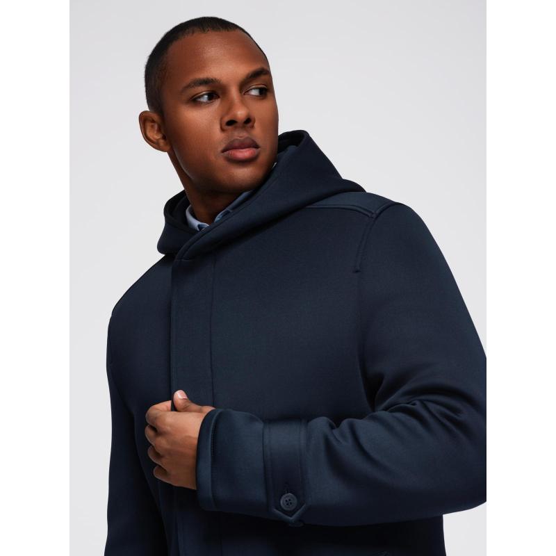 Minimalista férfi kabát közepes hosszúságú kapucnival – sötétkék V5 OM-COLC-0144