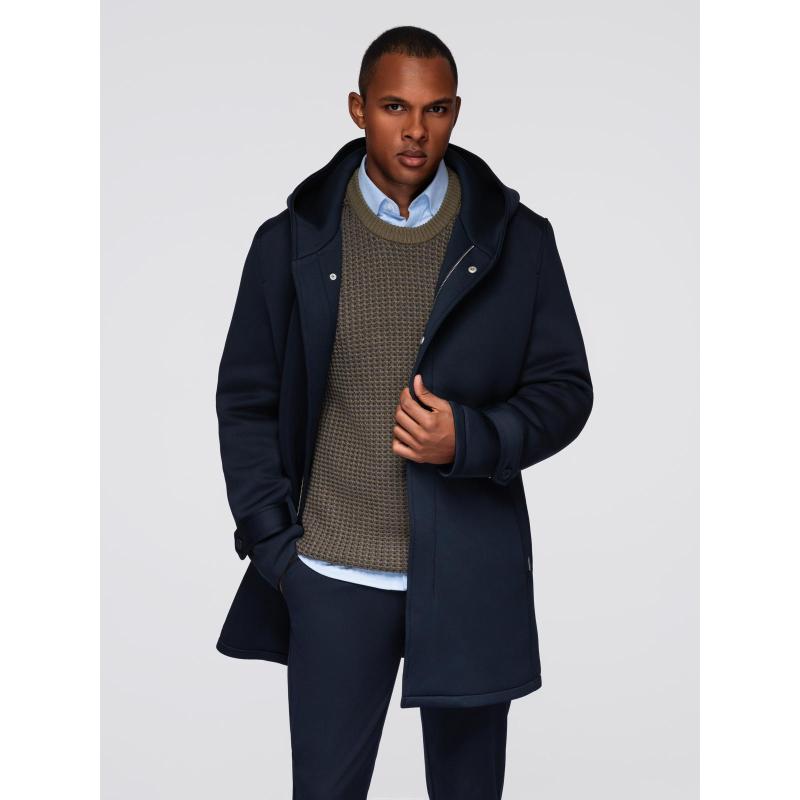 Minimalista férfi kabát közepes hosszúságú kapucnival – sötétkék V5 OM-COLC-0144