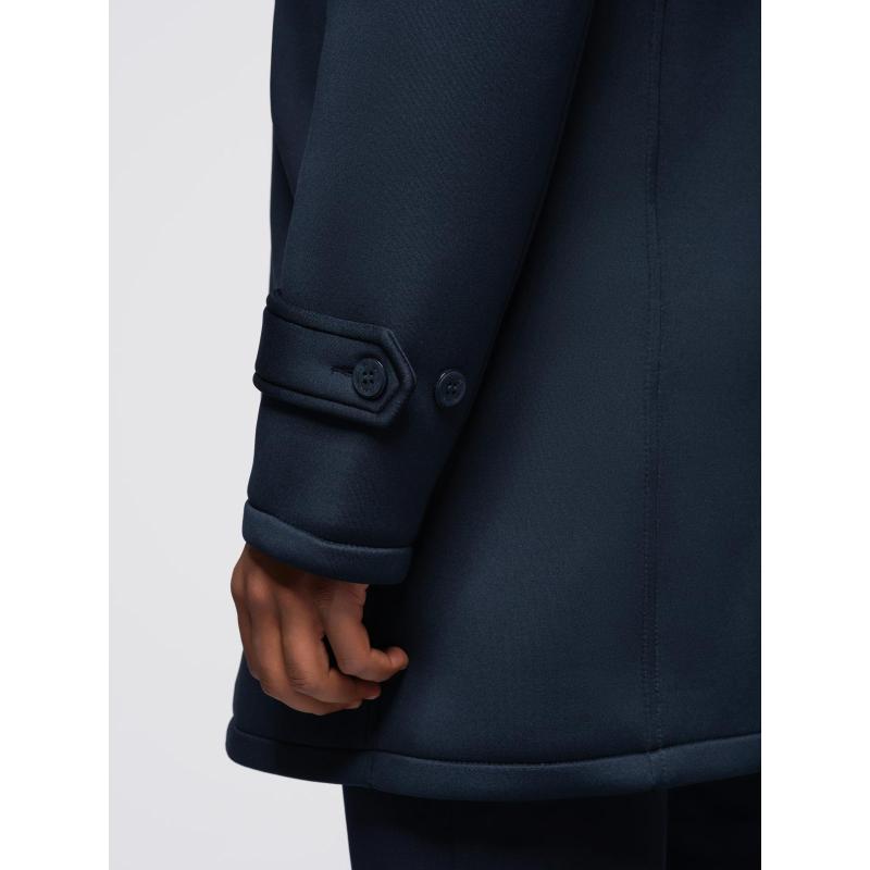 Minimalista férfi kabát közepes hosszúságú kapucnival – sötétkék V5 OM-COLC-0144