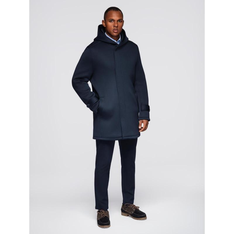 Minimalista férfi kabát közepes hosszúságú kapucnival – sötétkék V5 OM-COLC-0144