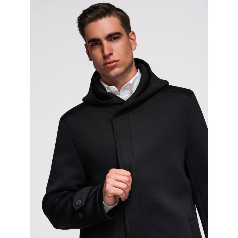 Férfi minimalista, közepes hosszúságú kabát kapucnival – fekete V4 OM-COLC-0144