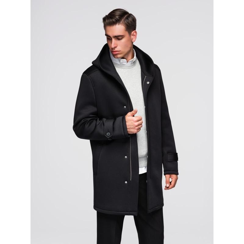 Férfi minimalista, közepes hosszúságú kabát kapucnival – fekete V4 OM-COLC-0144