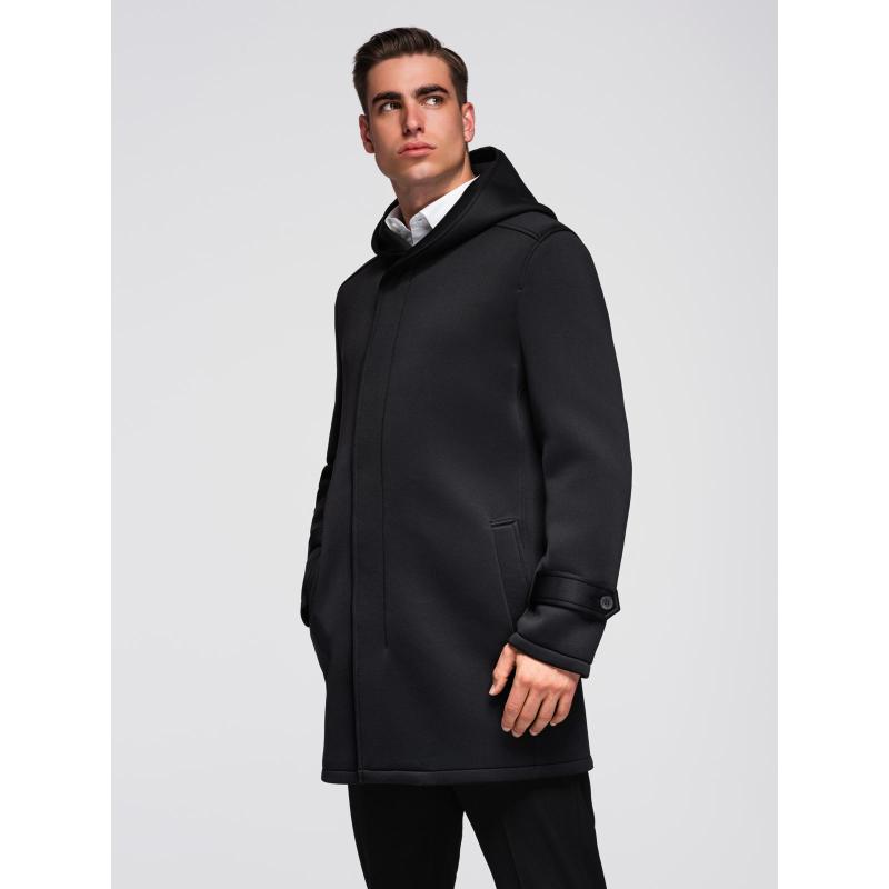 Férfi minimalista, közepes hosszúságú kabát kapucnival – fekete V4 OM-COLC-0144
