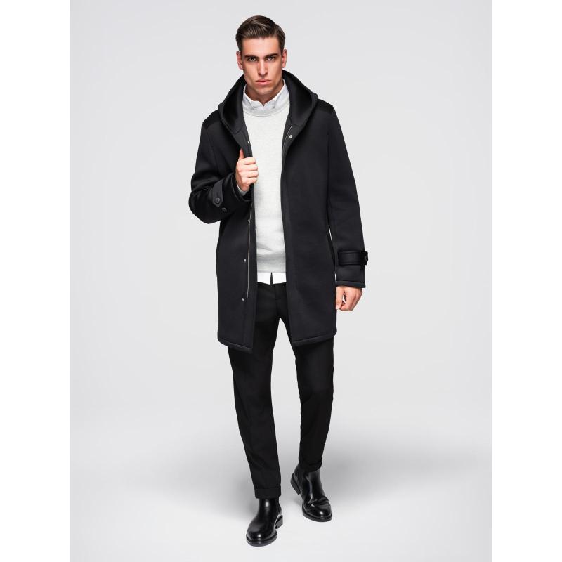 Férfi minimalista, közepes hosszúságú kabát kapucnival – fekete V4 OM-COLC-0144