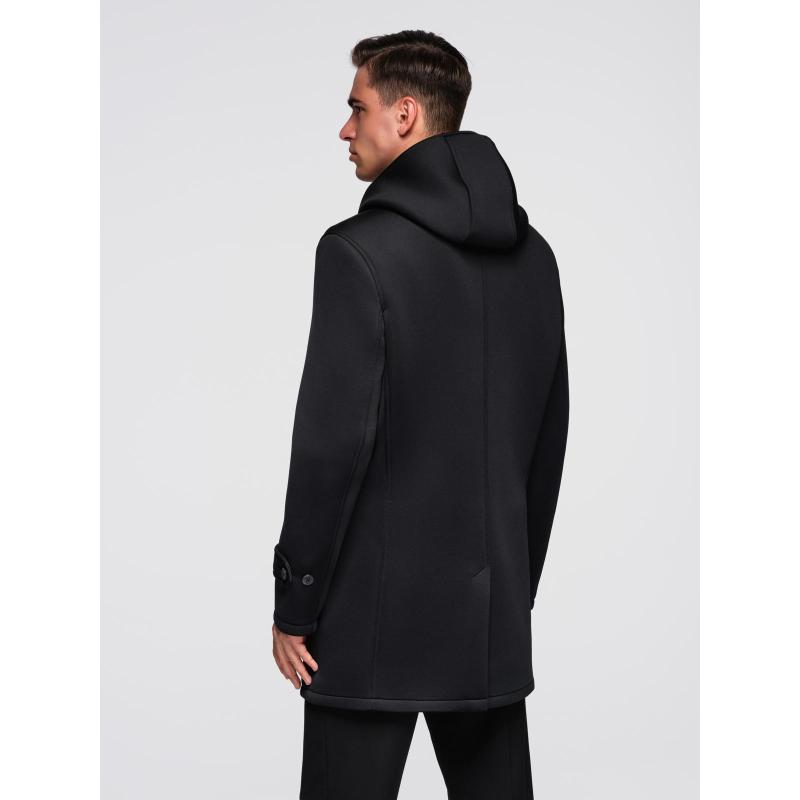 Férfi minimalista, közepes hosszúságú kabát kapucnival – fekete V4 OM-COLC-0144