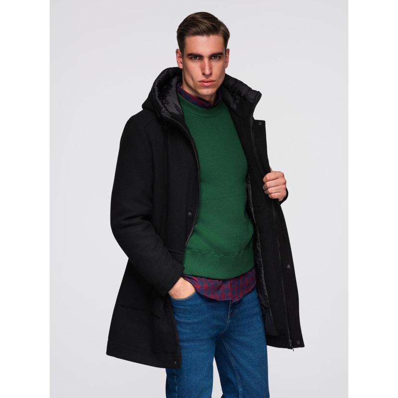Pánsky parka kabát s vlnou a kapucňou – čierny V1 OM-COWC-0132