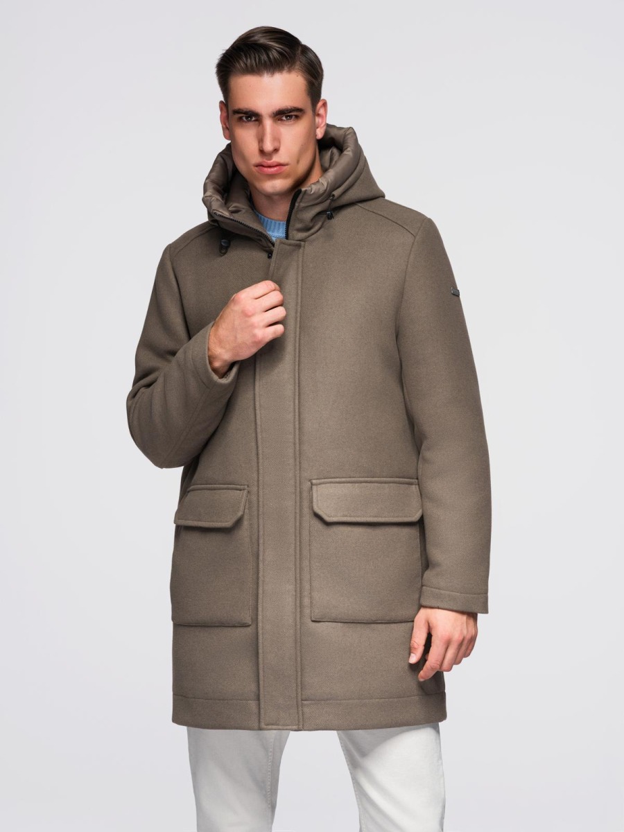 Pánský parka kabát s vlnou a kapucí – khaki V2 OM-COWC-0132