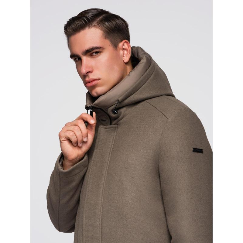 Pánsky parka kabát s vlnou a kapucňou – khaki V2 OM-COWC-0132
