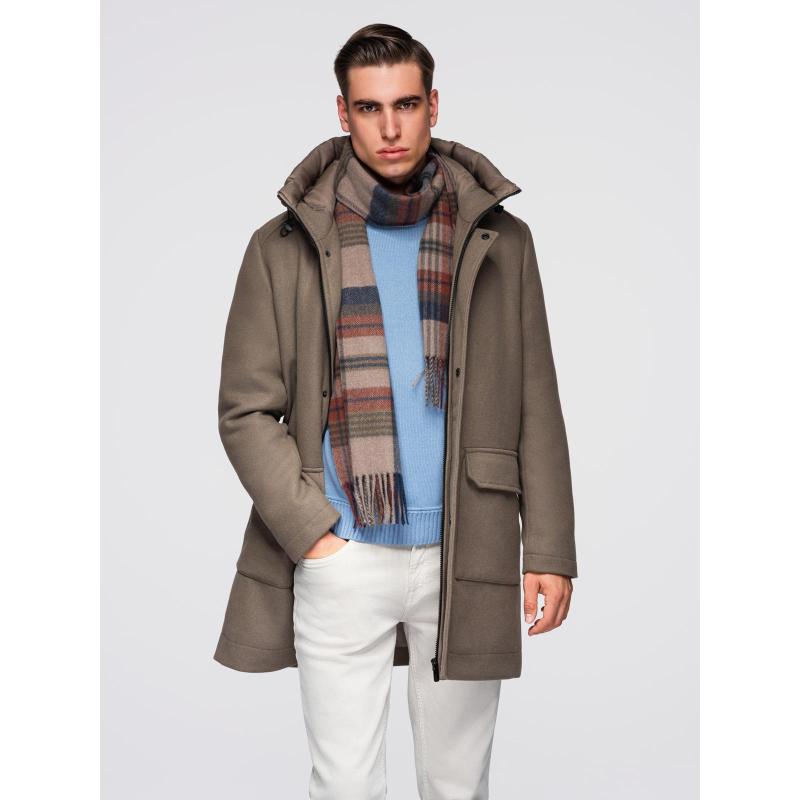 Pánsky parka kabát s vlnou a kapucňou – khaki V2 OM-COWC-0132