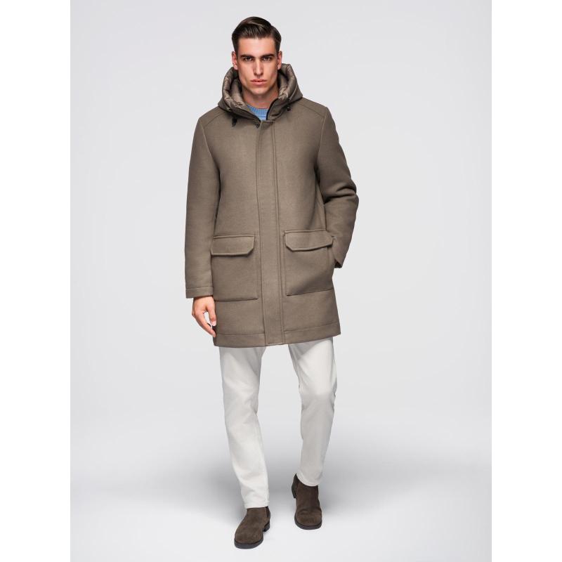Pánsky parka kabát s vlnou a kapucňou – khaki V2 OM-COWC-0132