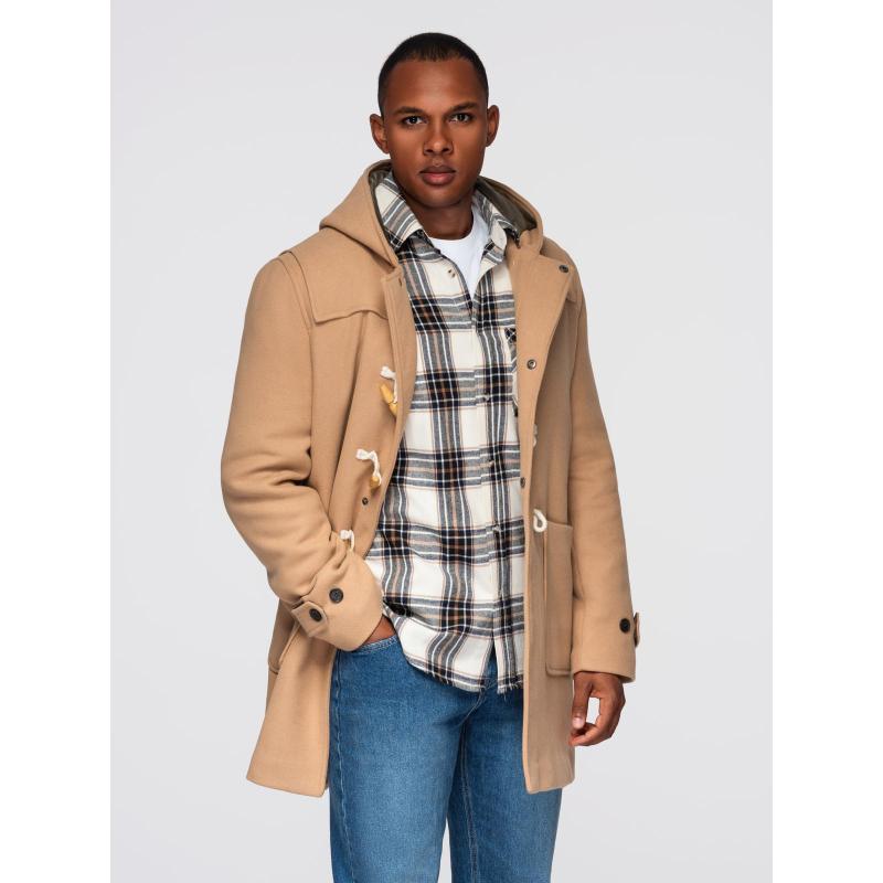Férfi gyapjú kabát kapucnival – világosbarna V1 OM-COWC-0131