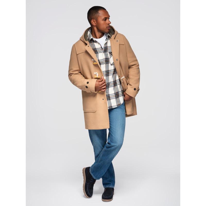 Férfi gyapjú kabát kapucnival – világosbarna V1 OM-COWC-0131