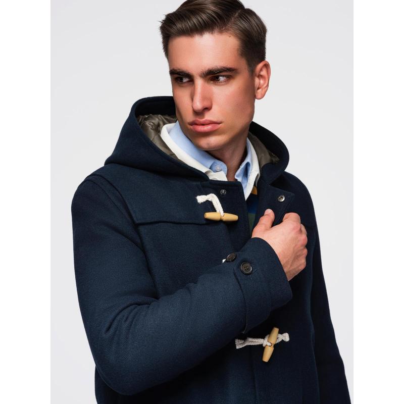 Férfi gyapjú kabát kapucnival – sötétkék V2 OM-COWC-0131