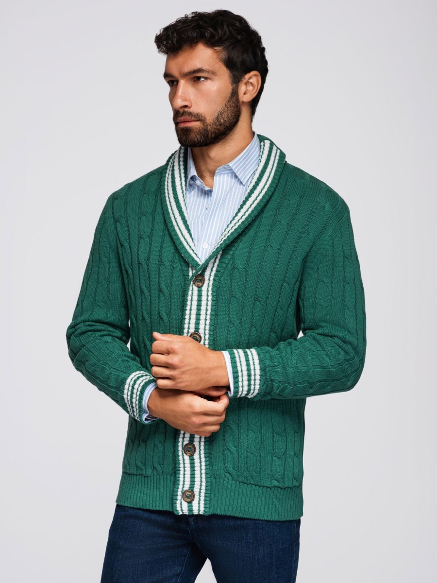 Pánsky sveter v preppy štýle so šálovým golierom – zelený V2 OM-SWCD-0152