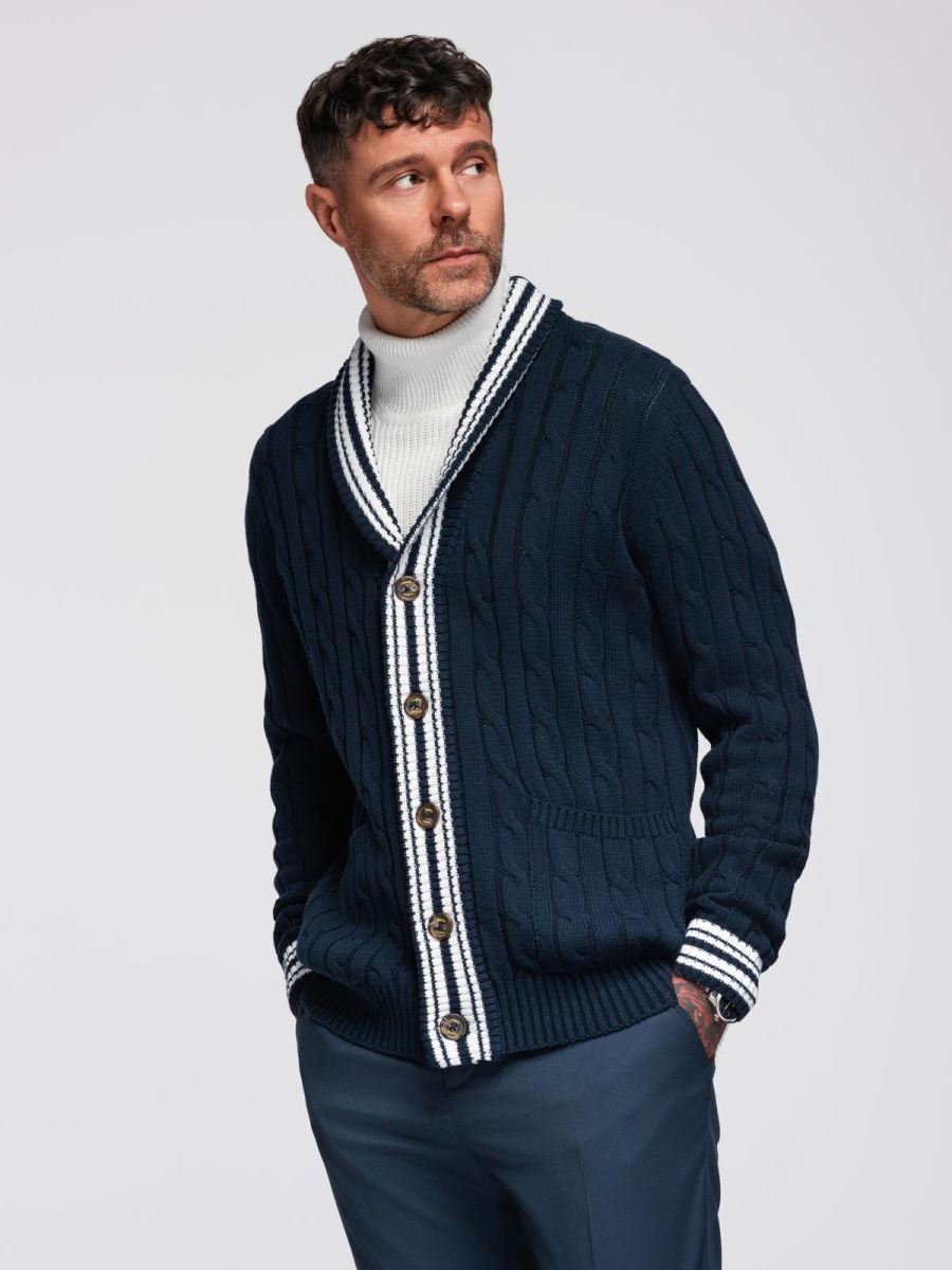 Pánsky sveter v preppy štýle so šálovým golierom – tmavomodrý V4 OM-SWCD-0152