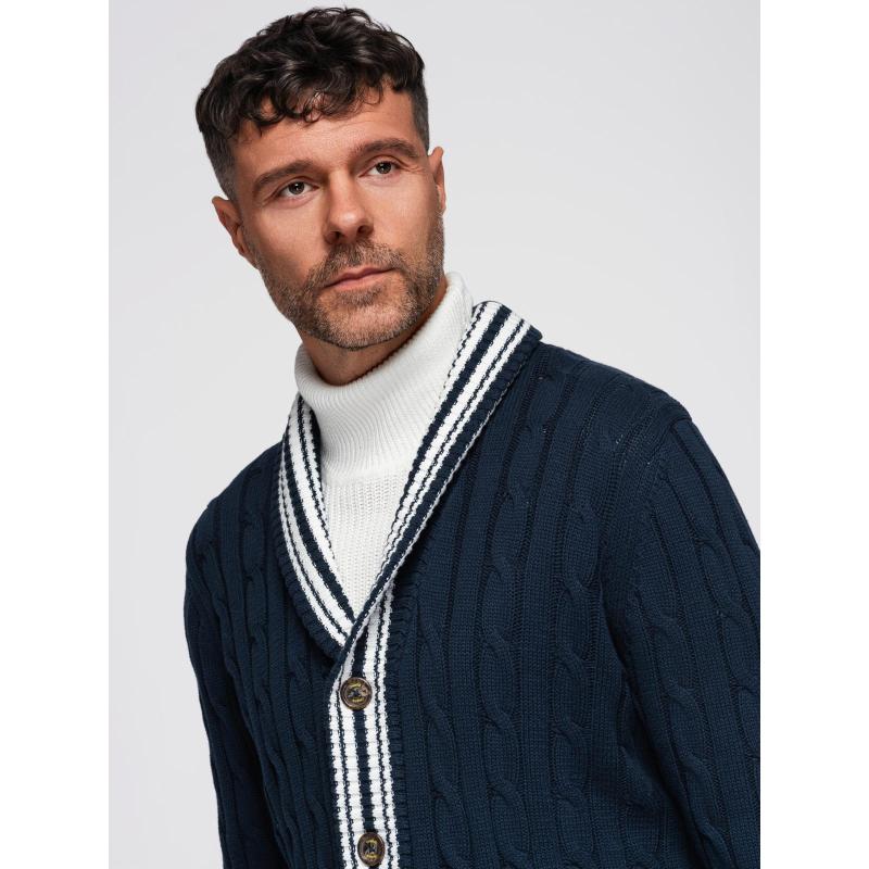 Férfi pulóver preppy stílusban, sálgallérral – sötétkék V4 OM-SWCD-0152