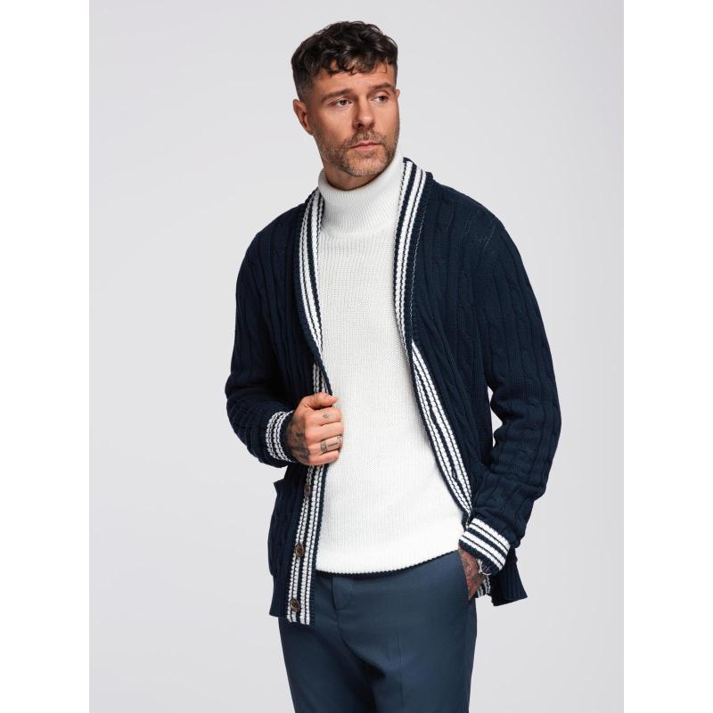 Férfi pulóver preppy stílusban, sálgallérral – sötétkék V4 OM-SWCD-0152