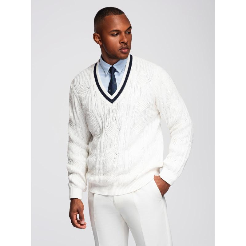 Pánsky sveter s kockovaným vzorom a okrúhlym výstrihom – biely V1 OM-SWSW-0151