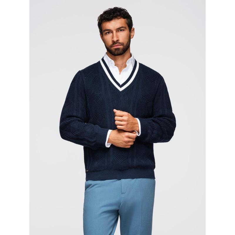 Férfi pulóver kockás mintával és kerek nyakkivágással – sötétkék V2 OM-SWSW-0151