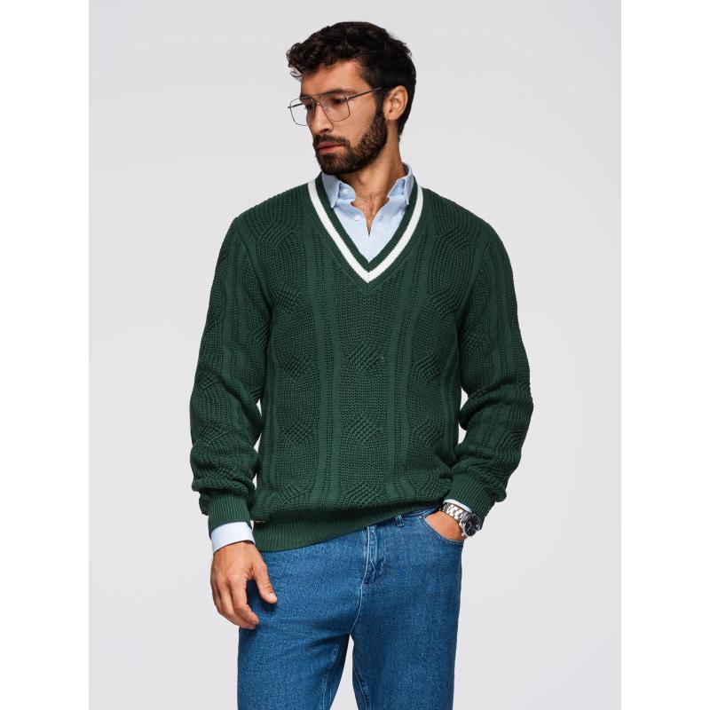 Pánsky sveter s kockovaným vzorom a okrúhlym výstrihom – zelený V3 OM-SWSW-0151