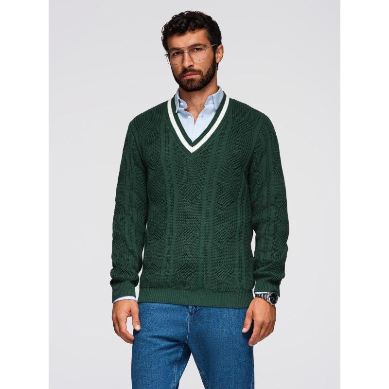 Pánsky sveter s kockovaným vzorom a okrúhlym výstrihom – zelený V3 OM-SWSW-0151