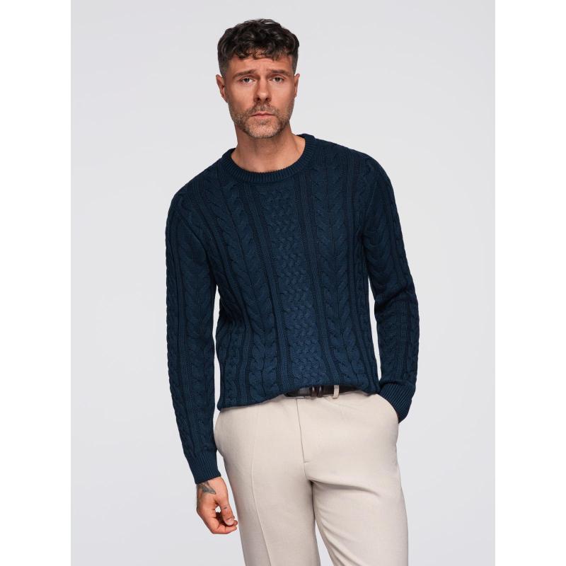 Elegáns férfi pulóver érdekes kötéssel – sötétkék V5 OM-SWSW-0173
