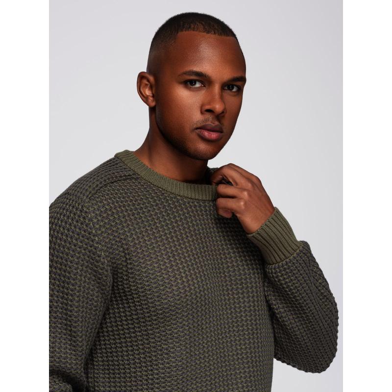 Férfi pulóver kontrasztos kötéssel és kerek nyakkivágással – sötét olíva V2 OM-SWSW-0122