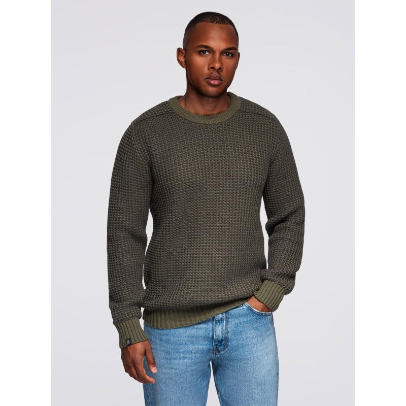 Férfi pulóver kontrasztos kötéssel és kerek nyakkivágással – sötét olíva V2 OM-SWSW-0122