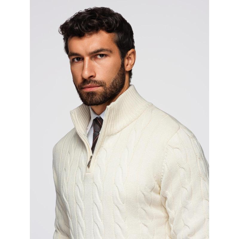 Pánsky kockovaný sveter s rolákom a zipsom – smotanová V1 OM-SWZS-0138