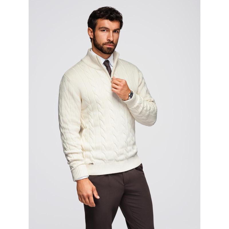 Pánsky kockovaný sveter s rolákom a zipsom – smotanová V1 OM-SWZS-0138