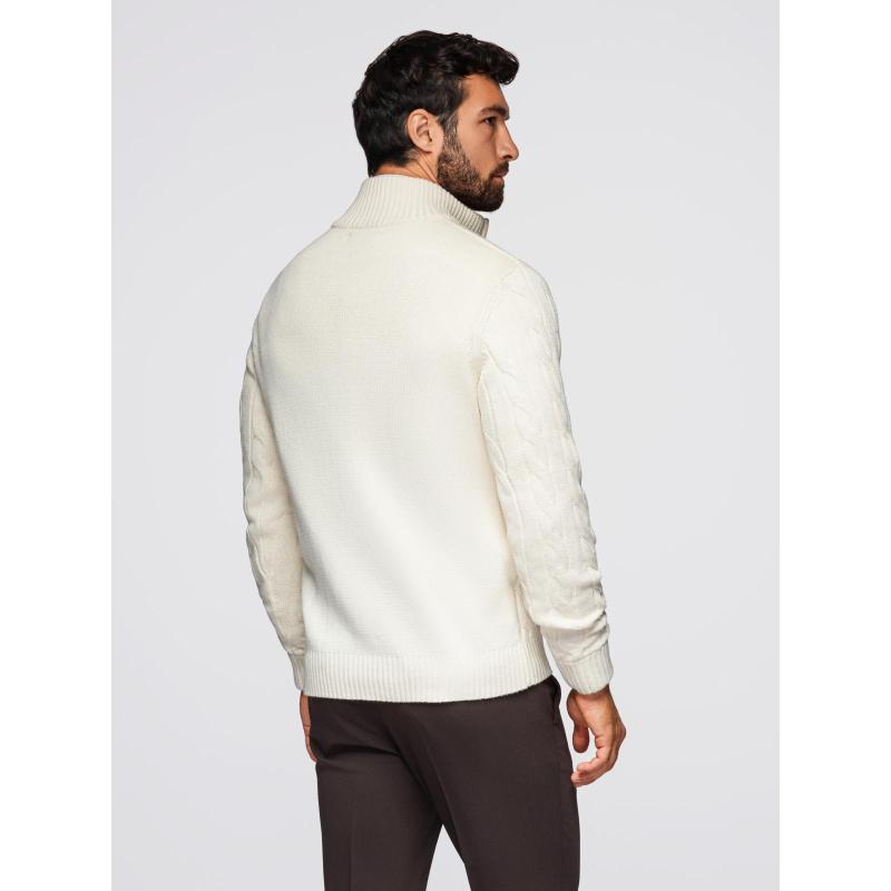 Pánsky kockovaný sveter s rolákom a zipsom – smotanová V1 OM-SWZS-0138