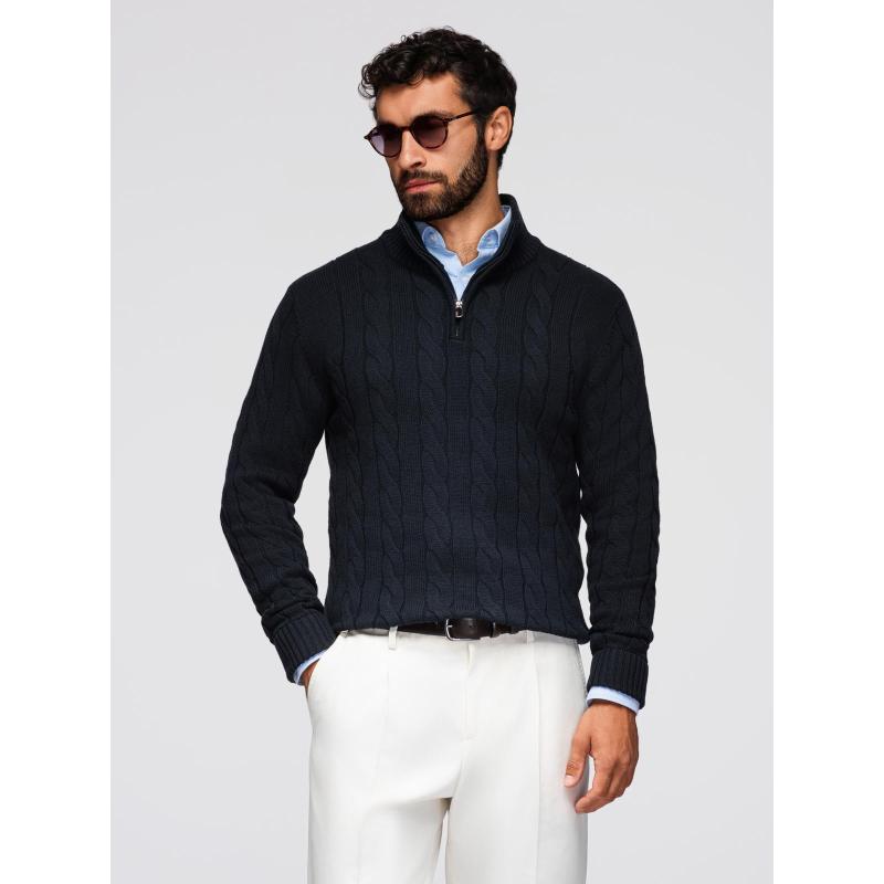 Pánsky sveter s kostkovaným vzorom, rolákom a zipsom – čierny V2 OM-SWZS-0138