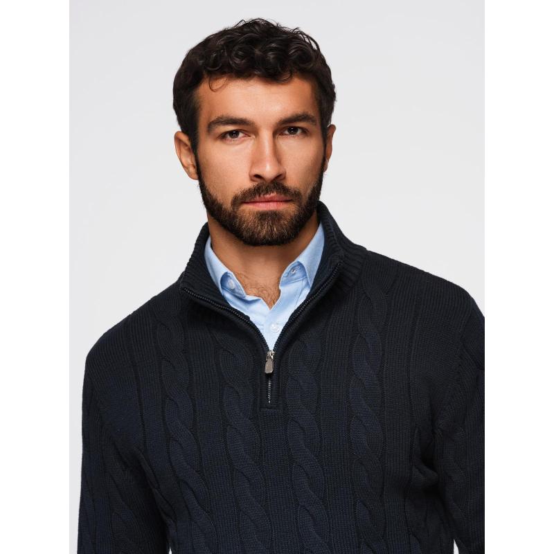 Pánsky sveter s kostkovaným vzorom, rolákom a zipsom – čierny V2 OM-SWZS-0138