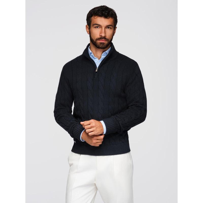 Pánsky sveter s kostkovaným vzorom, rolákom a zipsom – čierny V2 OM-SWZS-0138
