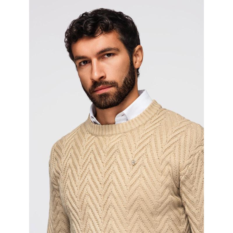 Pánsky sveter so zigzagovým vzorom – pieskový V1 OM-SWSW-0147