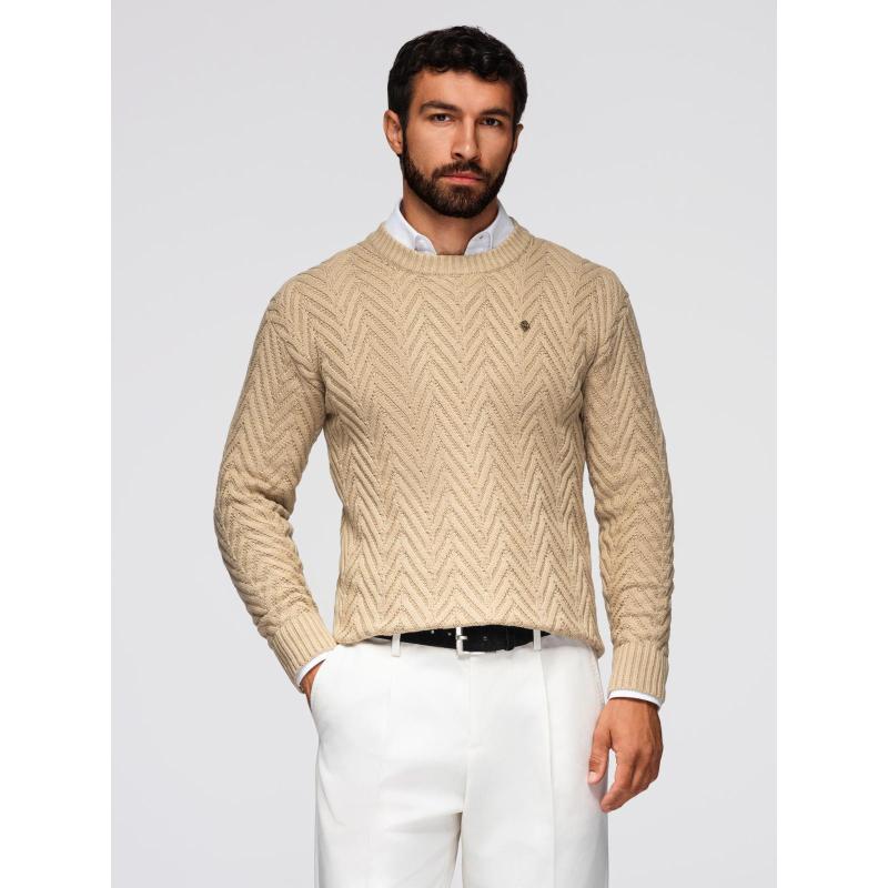 Pánsky sveter so zigzagovým vzorom – pieskový V1 OM-SWSW-0147