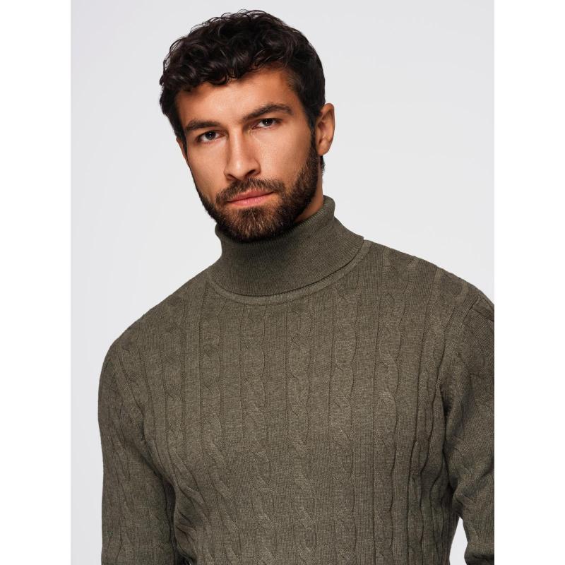 Pánský svetr s rolákem a kostkovaným vzorem – olivová V2 OM-SWTN-0157